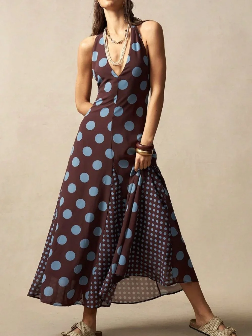 Brown Boho Women's Backless Split Thigh Long Halter Dress